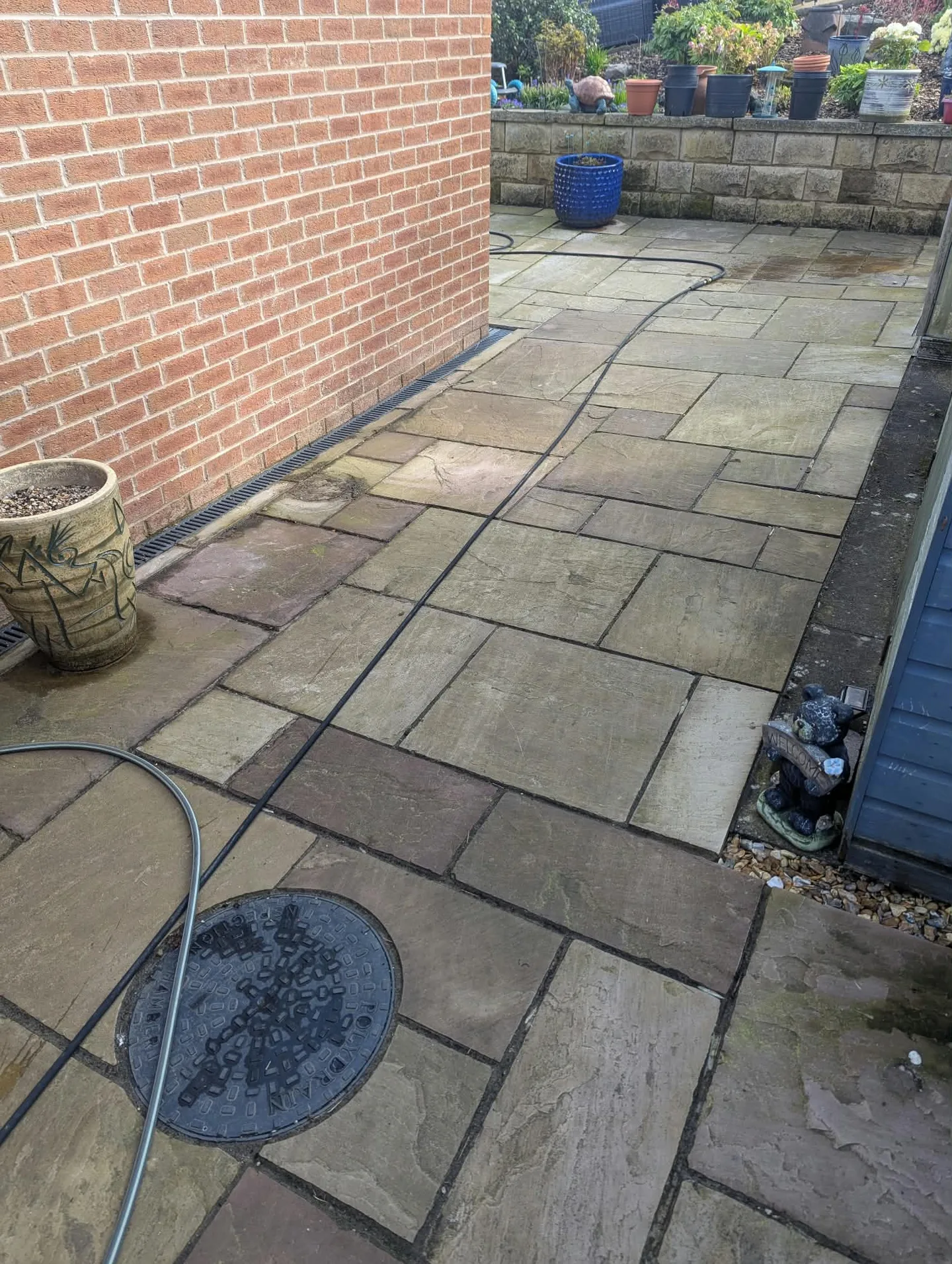 Paved path beside the brick house and blue shed before cleaning.