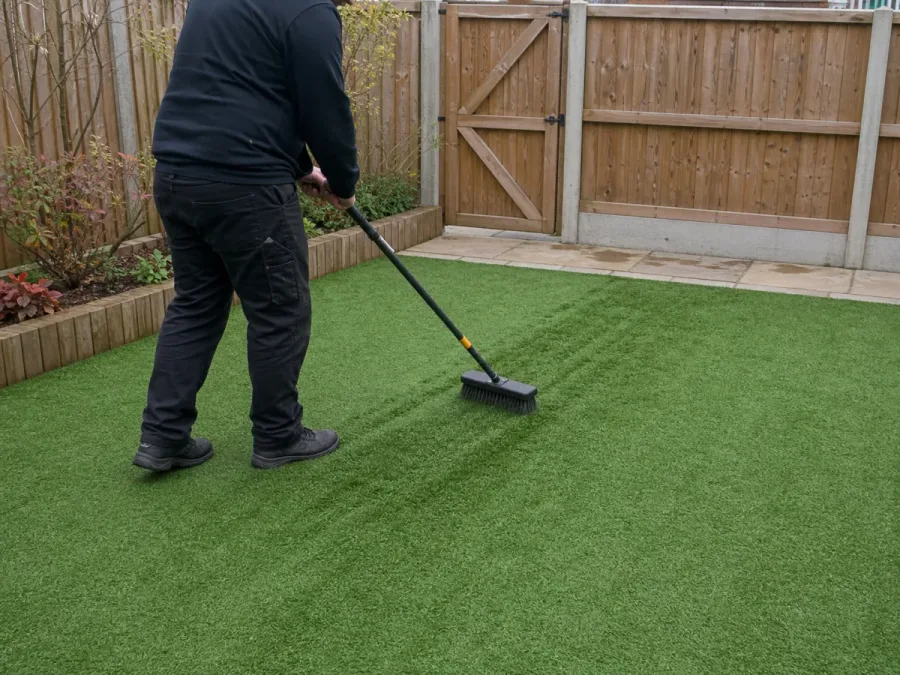 A worker brushing artificial-lawn fibres