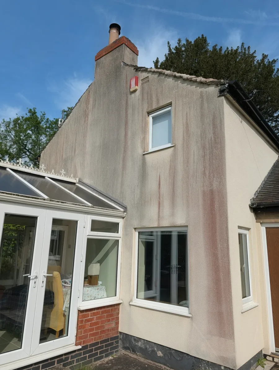 A rendered exterior wall with organic staining before cleaning