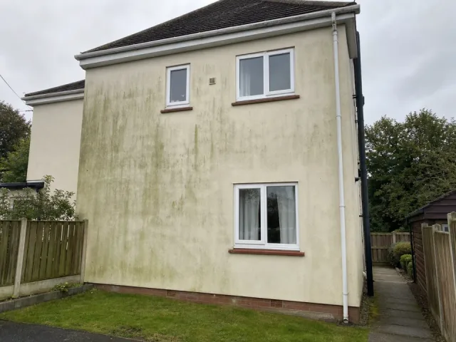 Wide photograph showing a complete rendered house wall with green weather staining.