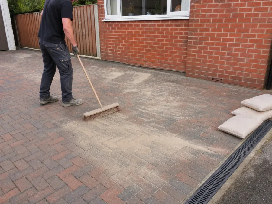 A worker applying kiln-dried sand to block-paving joints