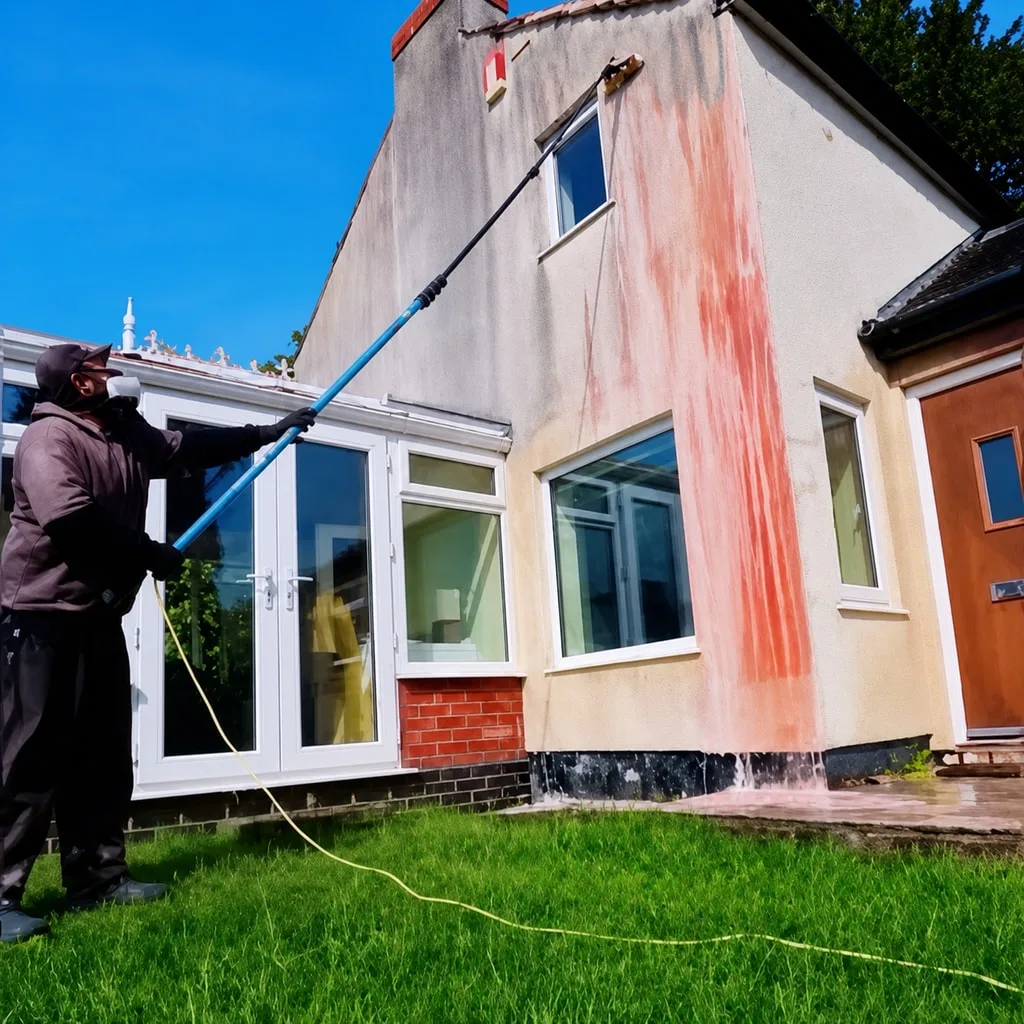 Mike applying treatment to a stained rendered wall using long-reach equipment.