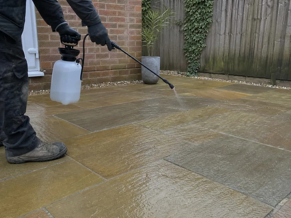 A controlled treatment being applied to clean paving