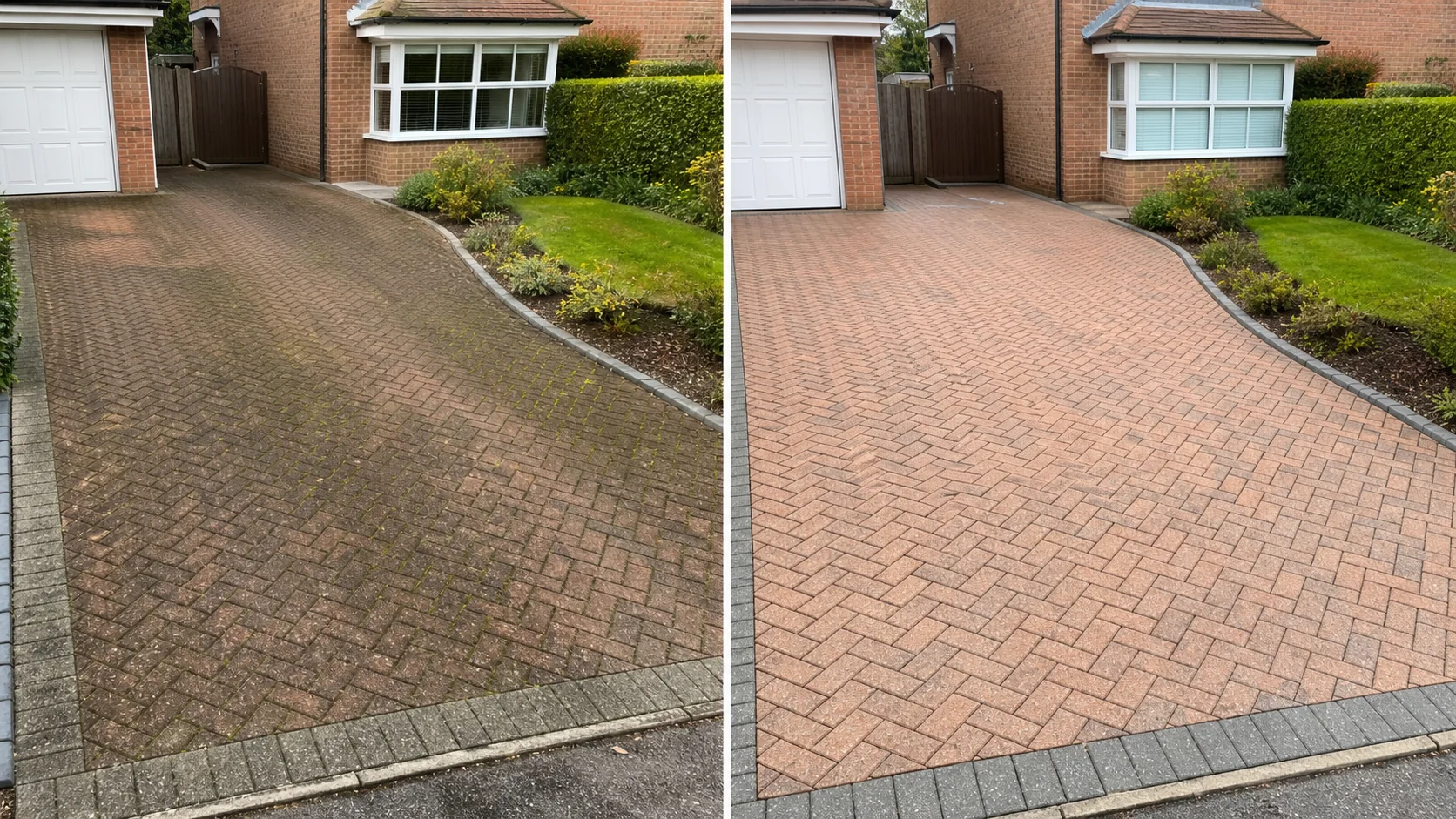 Illustrative split view of a stained block-paved driveway and the same driveway after cleaning.