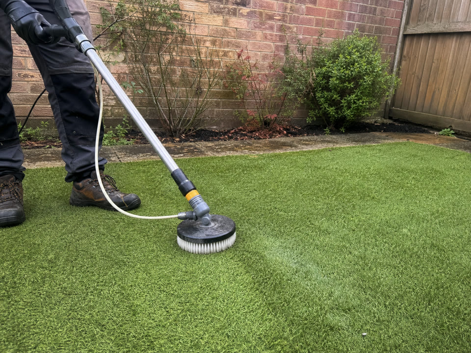 Representative image of an artificial lawn being gently cleaned in a UK garden.