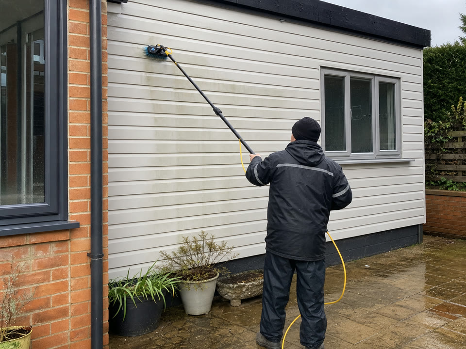 Representative image of exterior cladding being gently cleaned with a water-fed brush.