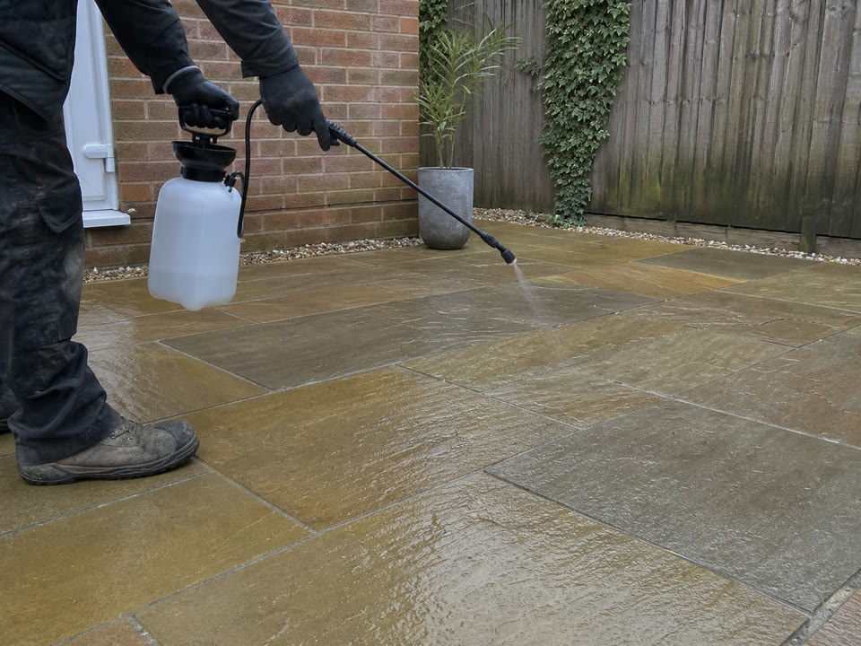 Representative image of a controlled aftercare treatment being applied to clean paving.