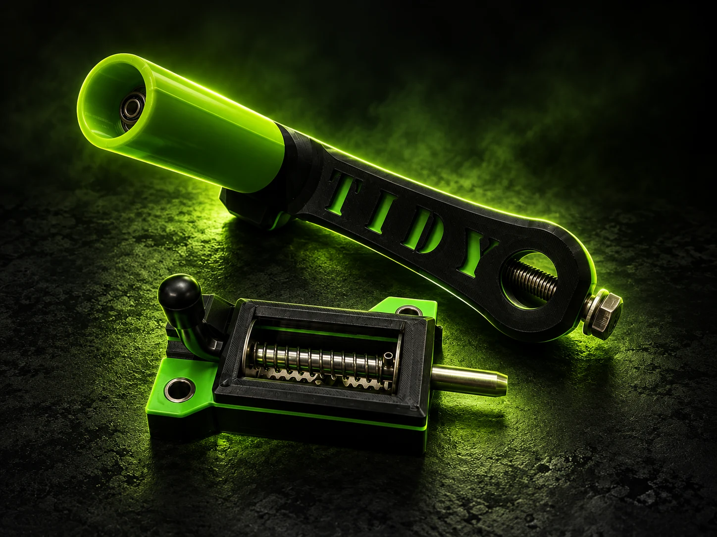 Tidy Locking Handle with its lime grip and separate locking mechanism.