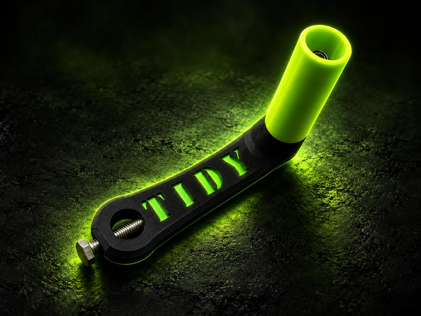 Tidy Handle with its lime grip and black Tidy branded arm.